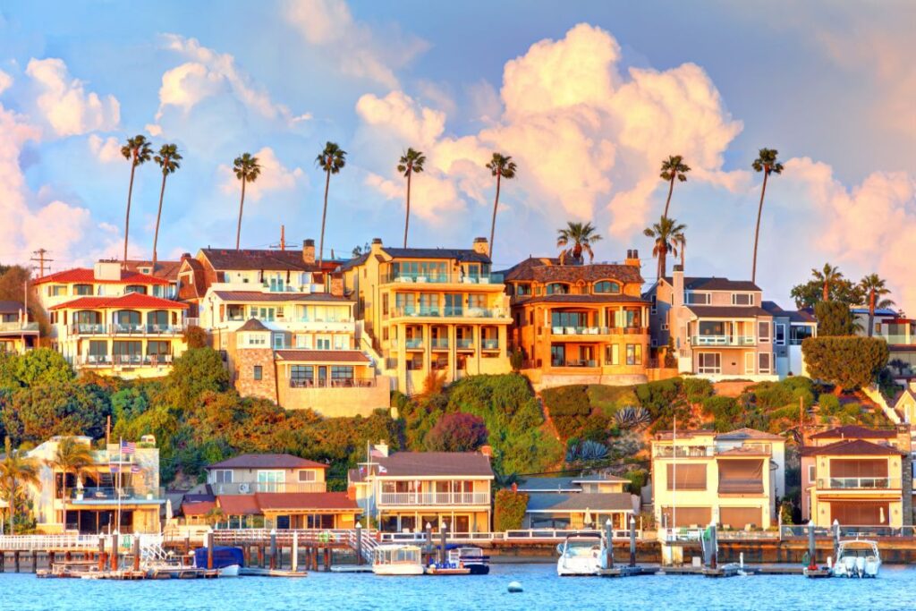 a row of homes on the water in Newport Beach